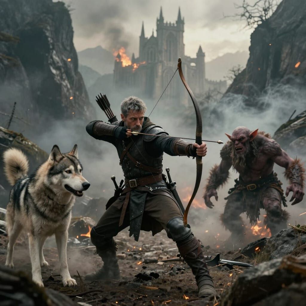 Rogue and Wolf Battle Goblins in Mountain Pass