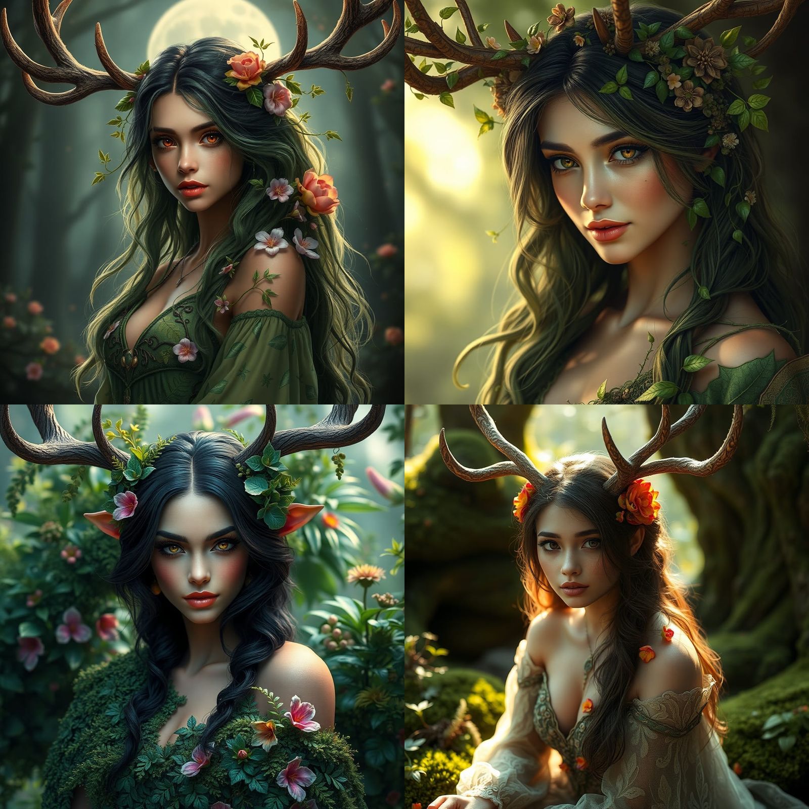 Enchanting Brunette with Antlers, Hyperdetailed Portrait