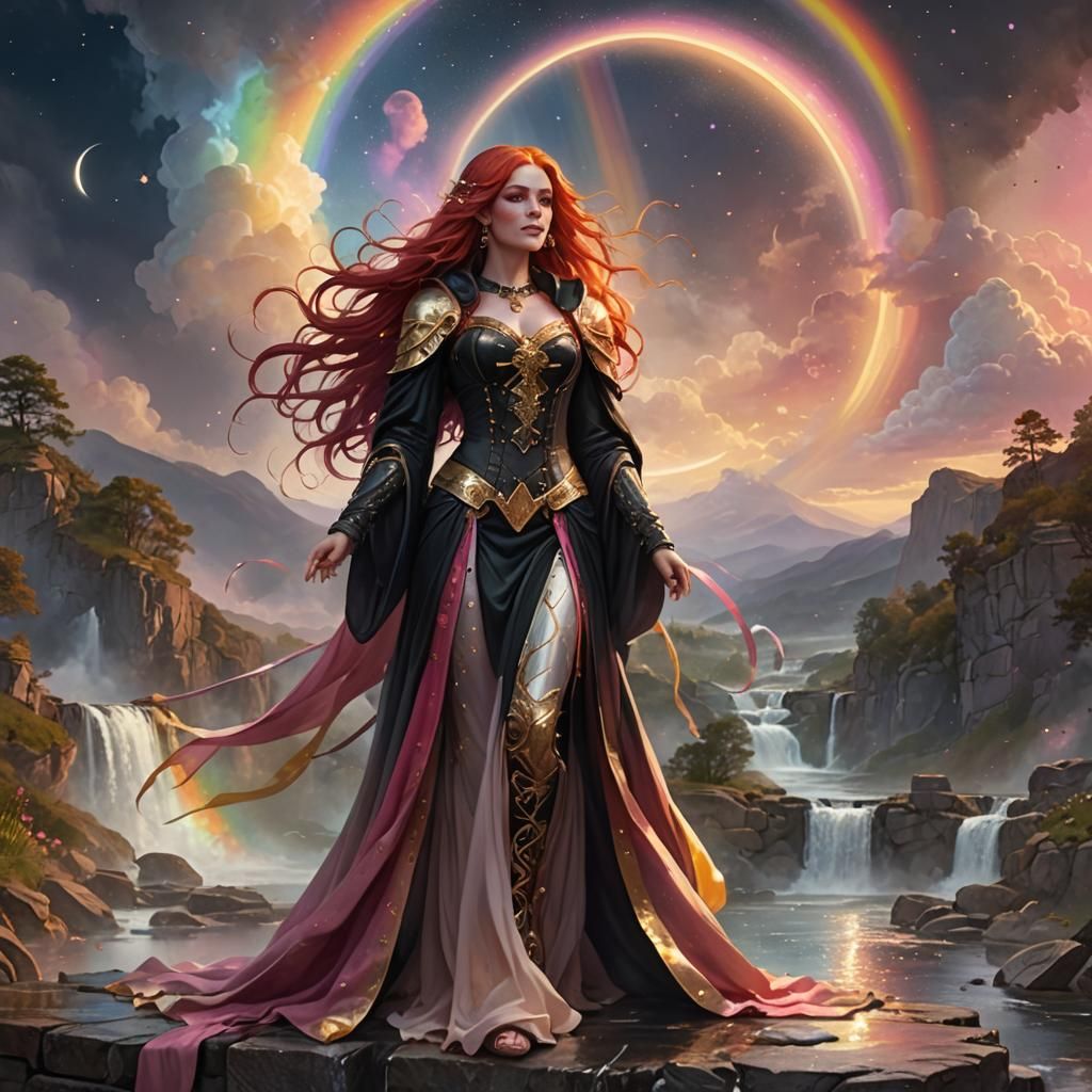 Goddess on Rainbow Bridge in Fantasy Art Style