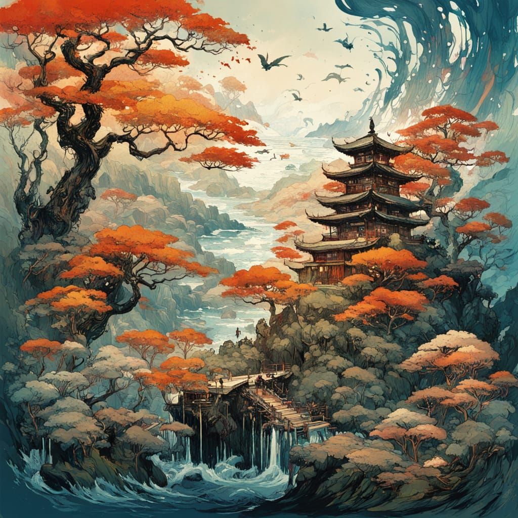 Expressionist Painting of Summer Landscape with Ink and Oil ...