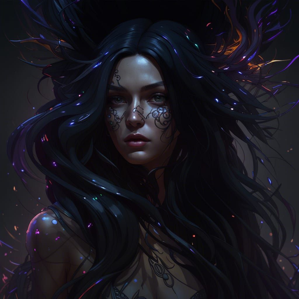 Girl with Darkness Powers in Art Nouveau Style