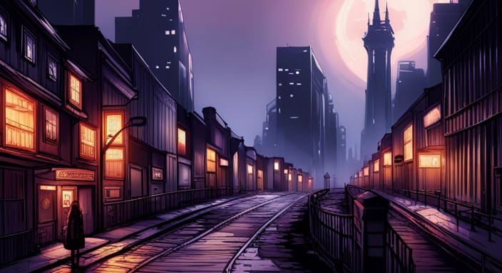 Cyberpunk Gothic Town in Anime Style