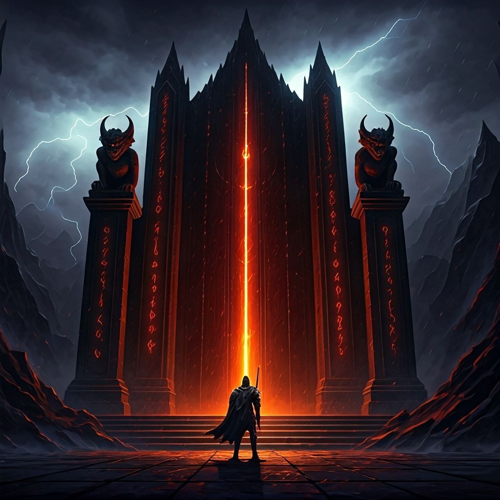 Knight at Obsidian Gate in Dark Fantasy Style