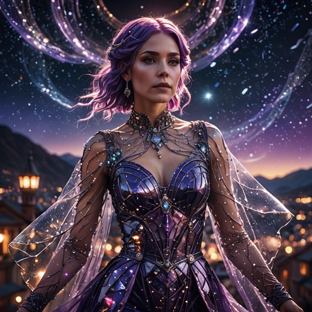 Purple-Haired Woman in Glass Dress Under Night Sky