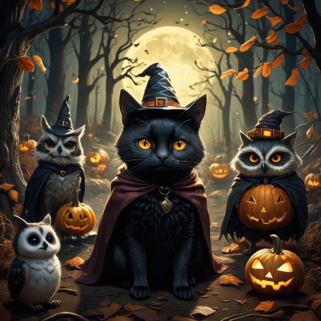 Whimsical Halloween Animals in a Moonlit Forest