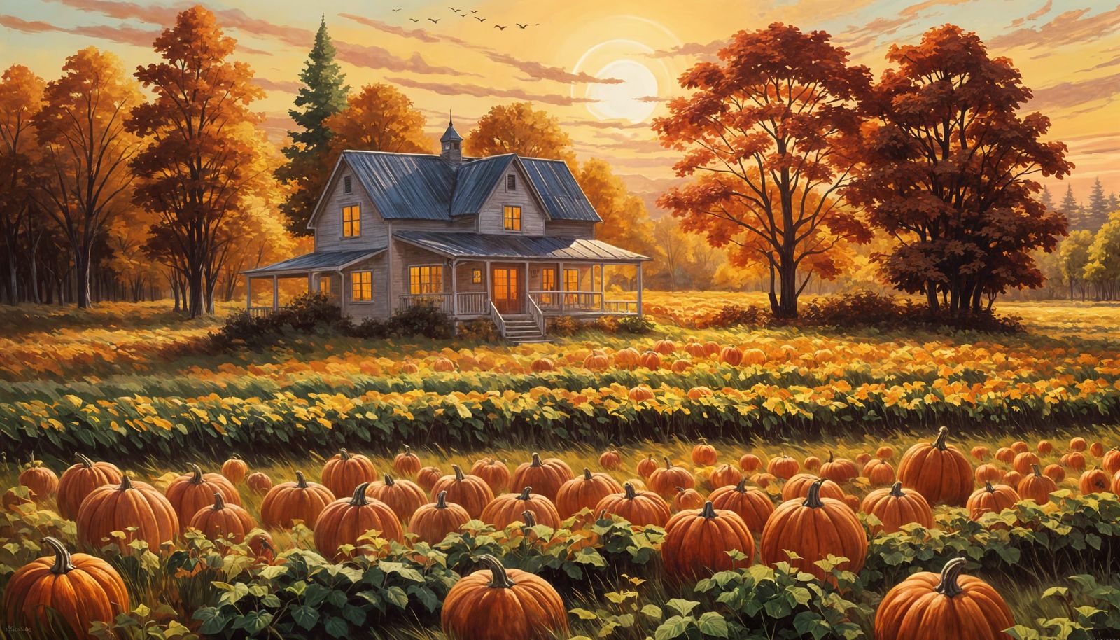 Autumn Sunset Over a Pumpkin Field