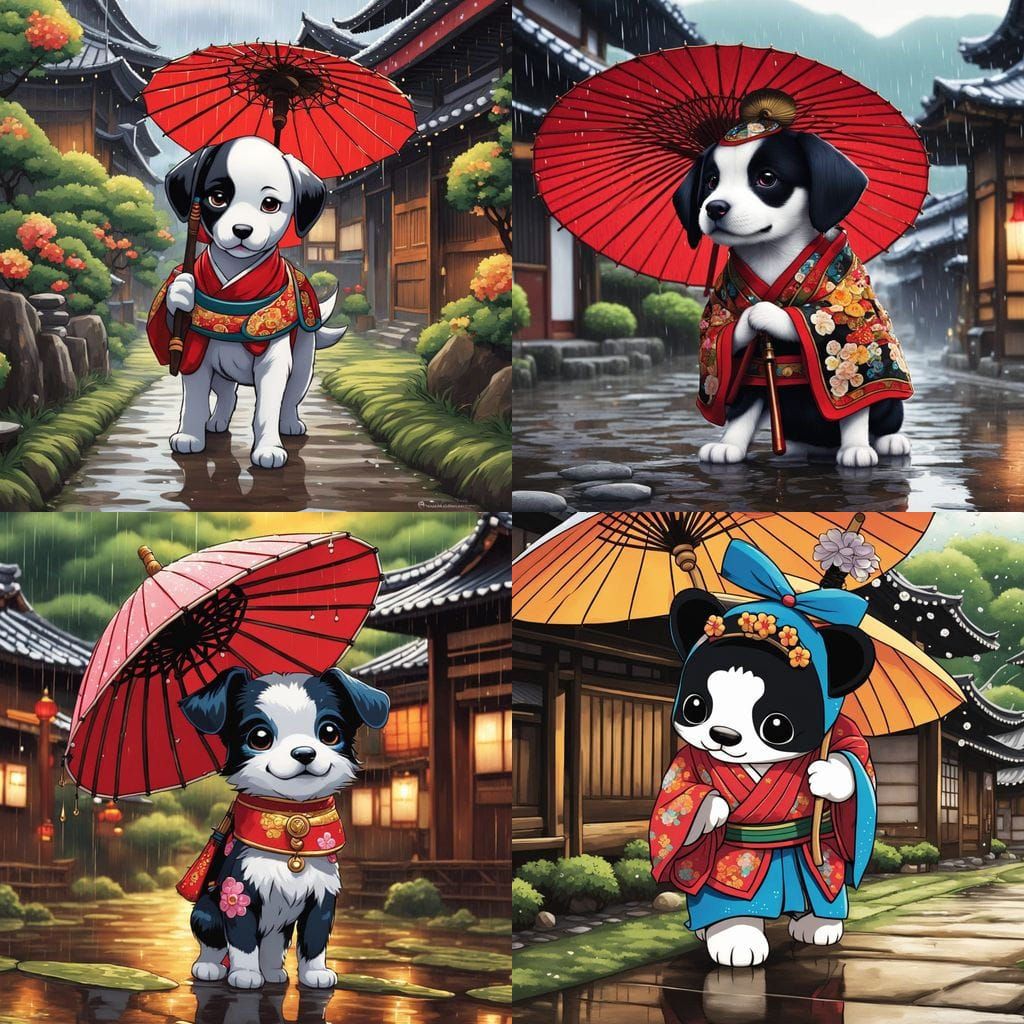 Puppy Geisha in Rainy Village, Anime Style