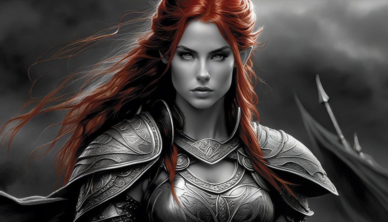 Red-Haired Elf Warrior in Grayscale Charcoal Drawing