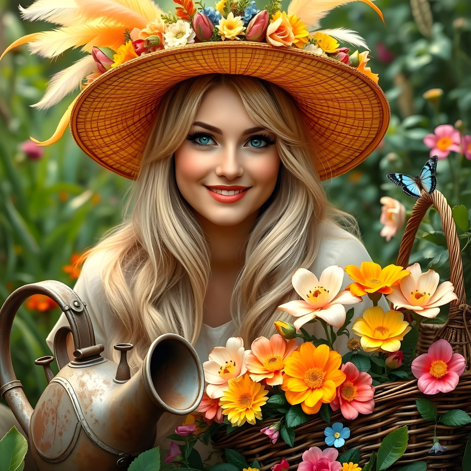 Garden of Whimsy: A Beautiful Woman Tends Vibrant Flowers wi...