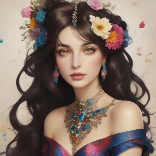 Dark-Haired Woman with Flowers and Jewelry
