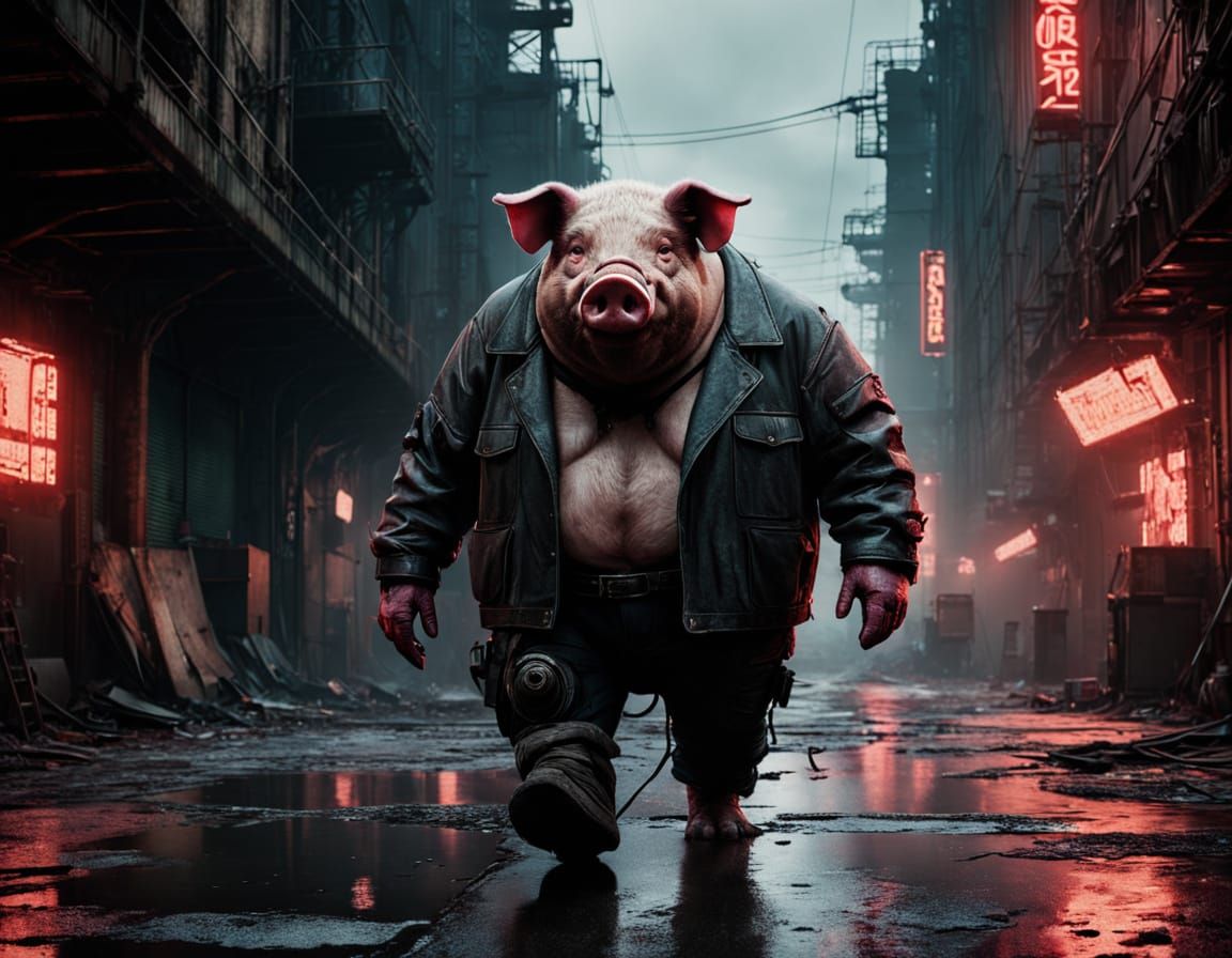 Cyberpunk Pig Walks Through Industrial Cityscape