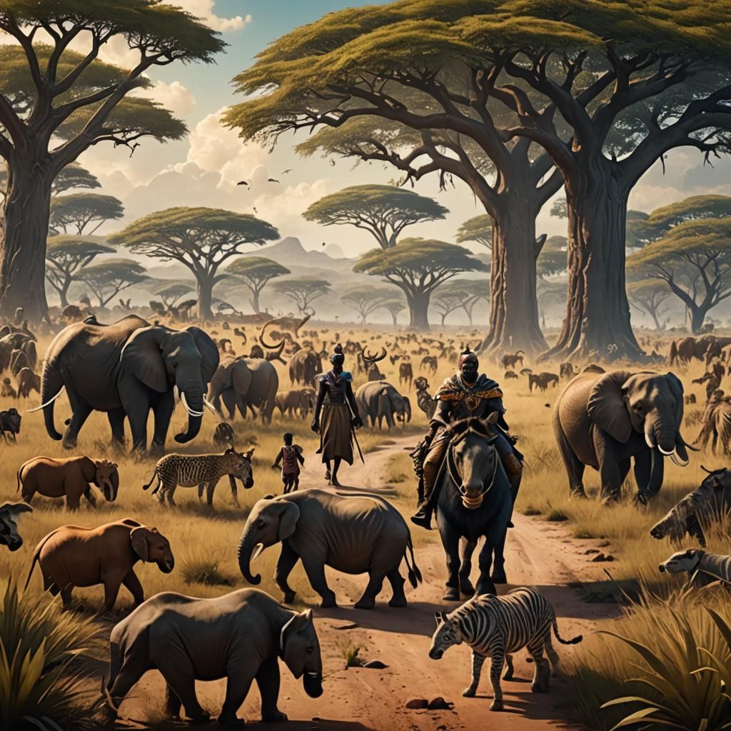 African King's Savannah Journey: Detailed Matte Painting