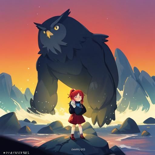 Anime Girl with Owl on Beach at Sunset