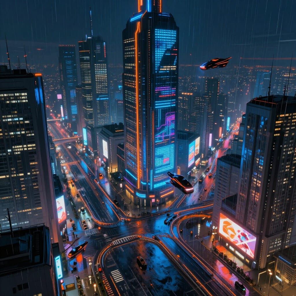 Cyberpunk Tron Cityscape at Night in Digital Painting Style