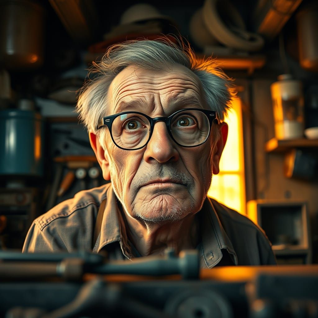 Weary Old Man Looks Up From Workbench