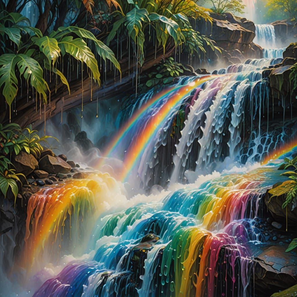 Surreal Waterfall of Rainbows: Vibrant Oil Painting