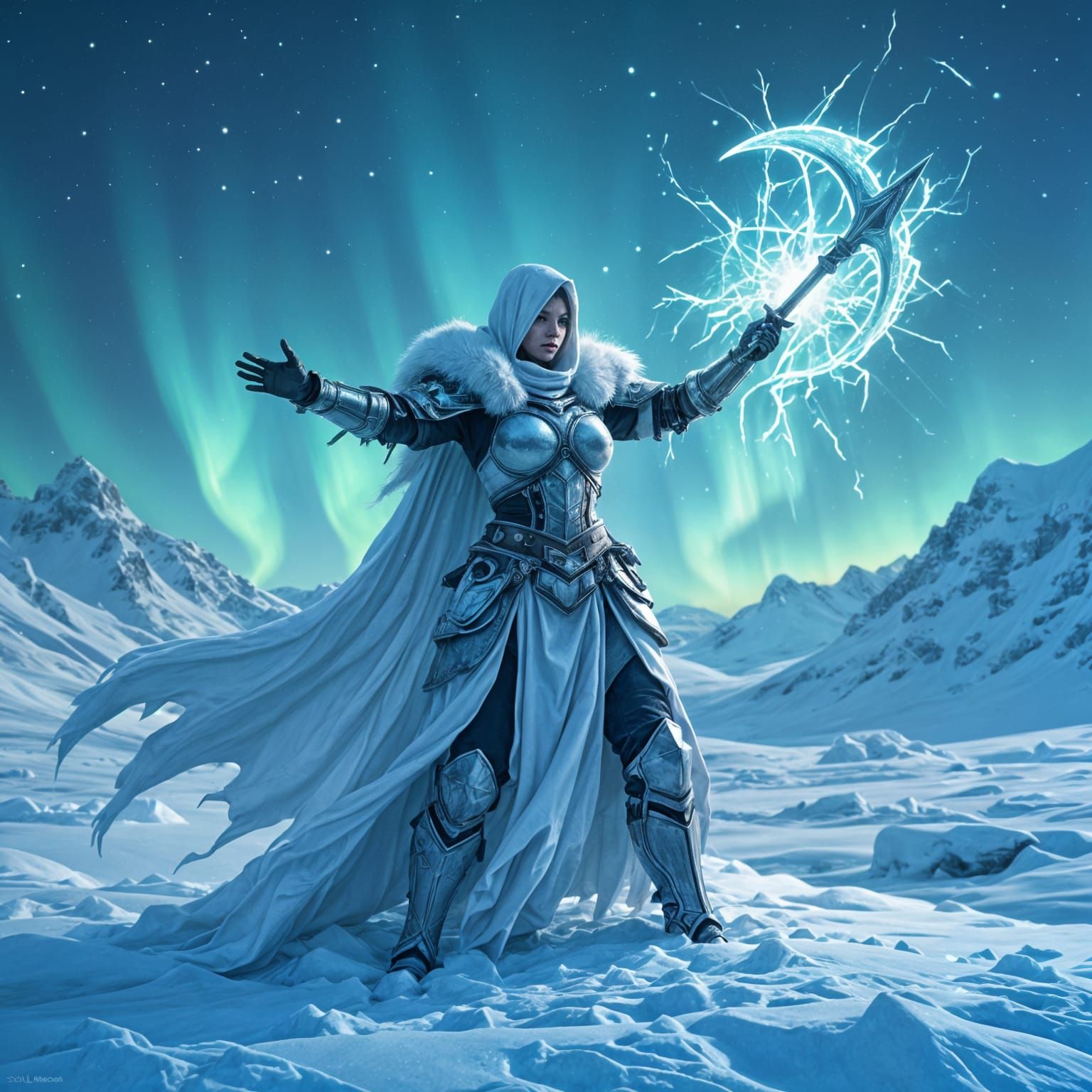 Ice Maiden Summons Halberd on Glacier, Digital Painting