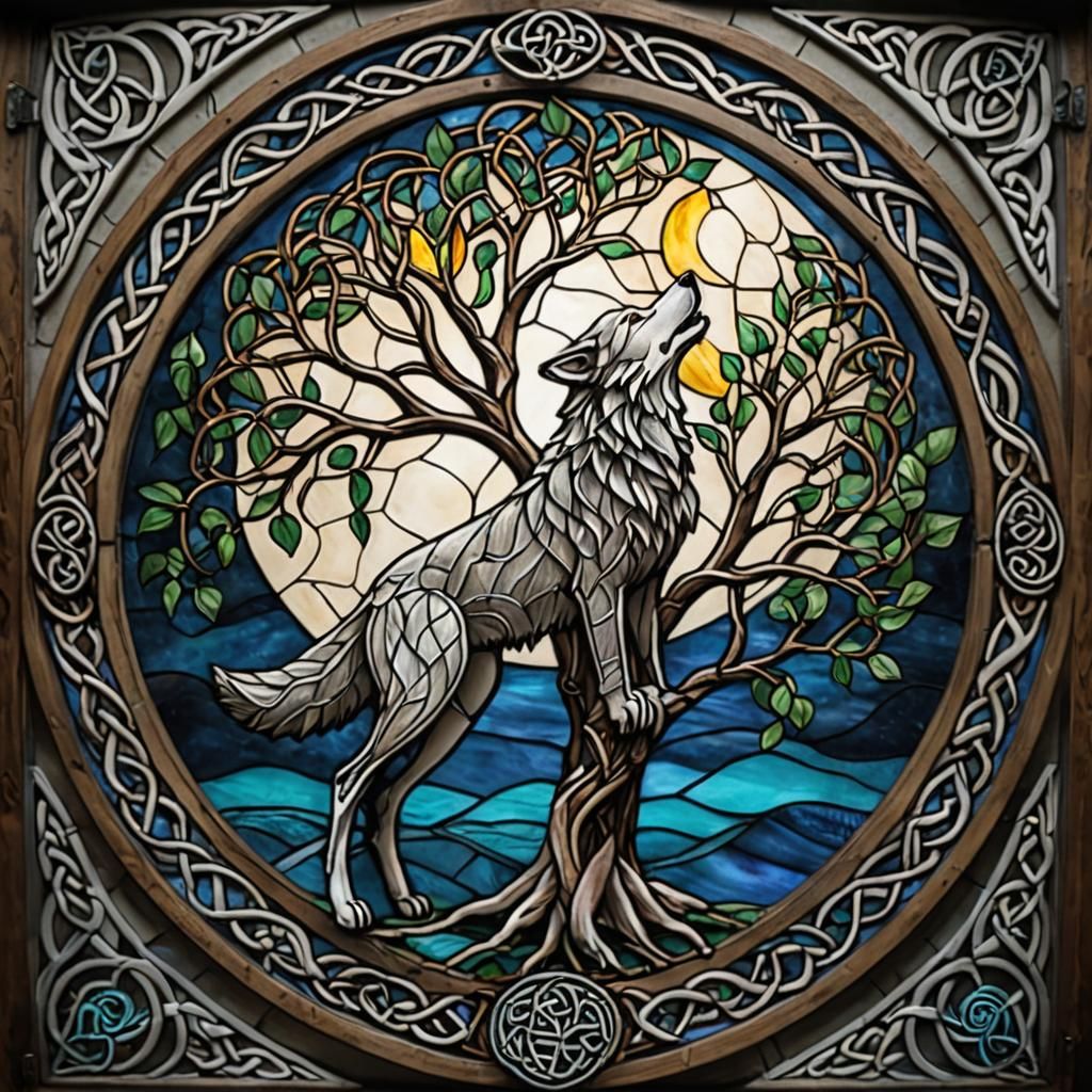 Stained Glass Howling Wolf Beneath the Moon