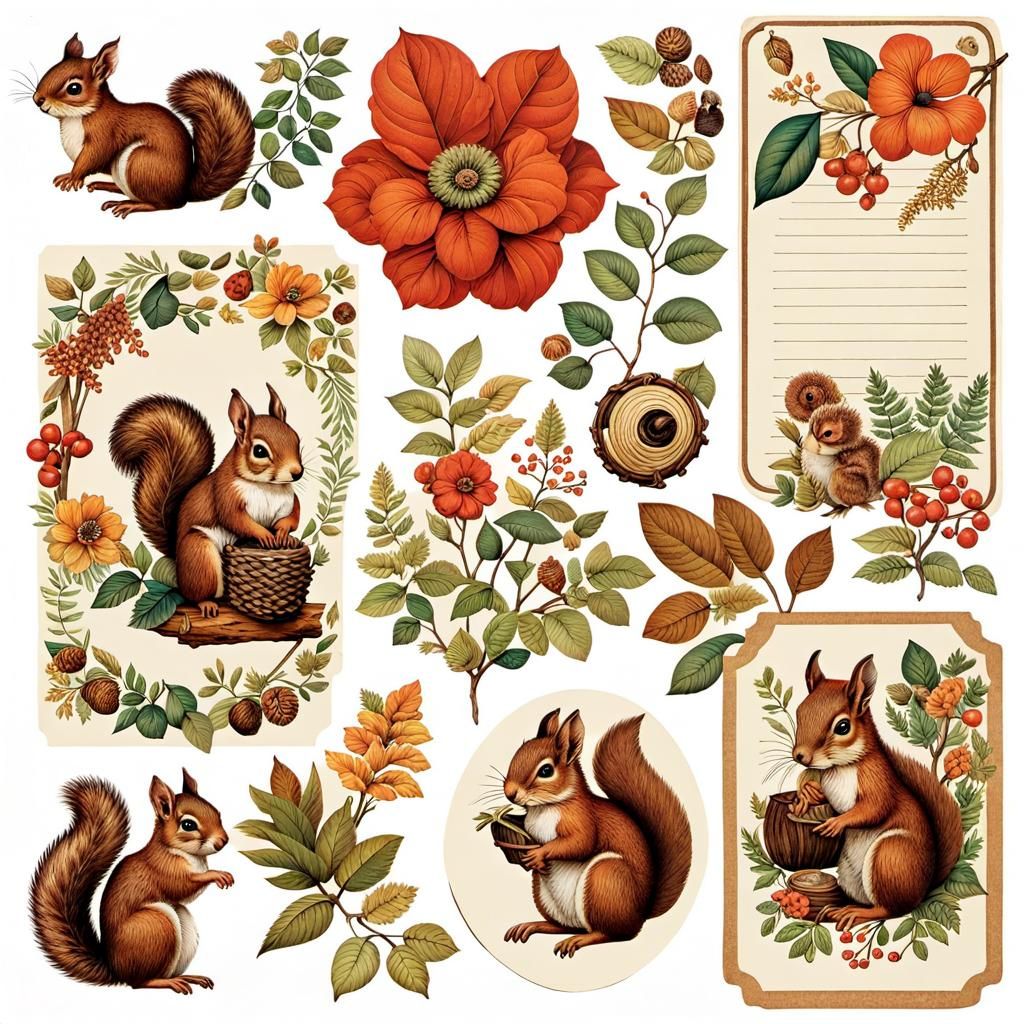 Squirrel Woodland Ephemera Vintage Graphic Stickers