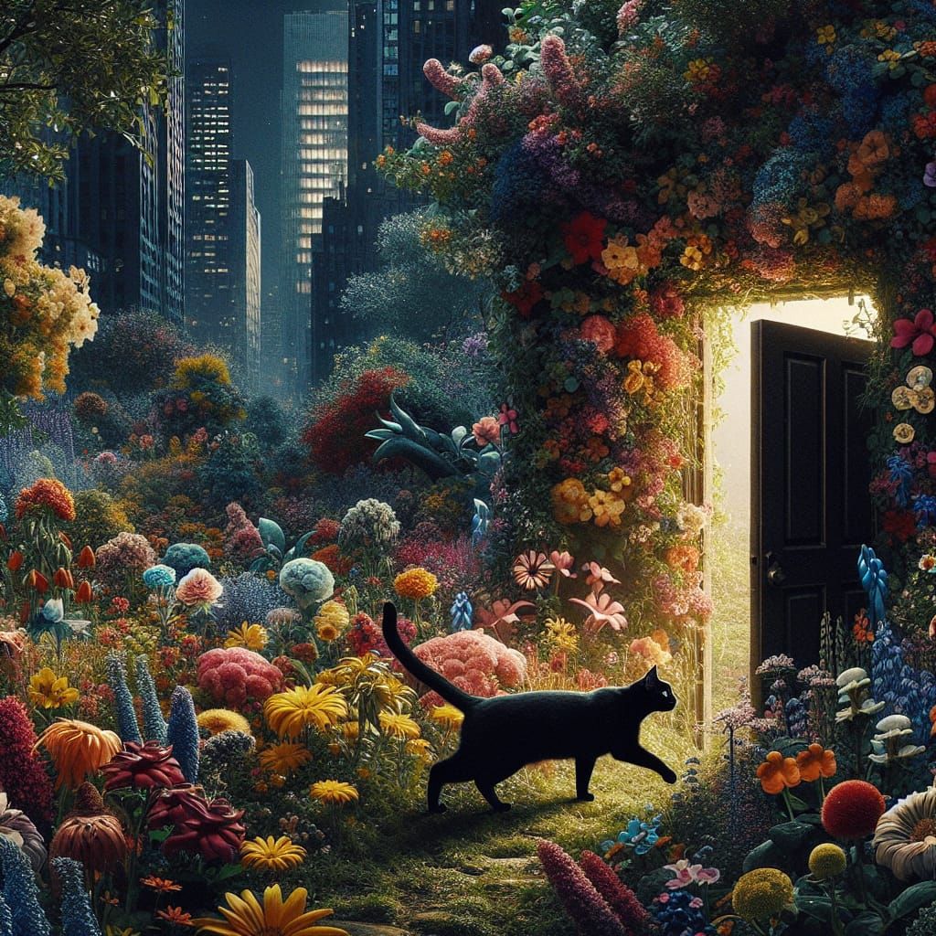 Cat's Surreal Journey: Garden to Cityscape