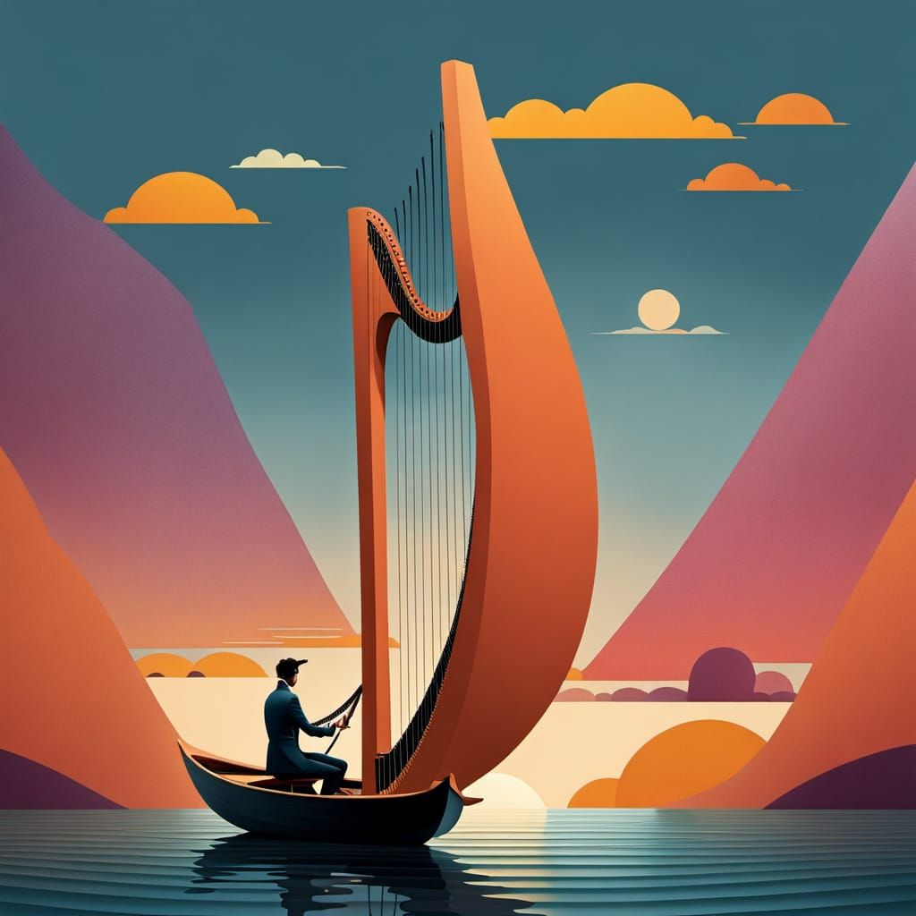 Harpist at Sunset in Mixed Media Collage