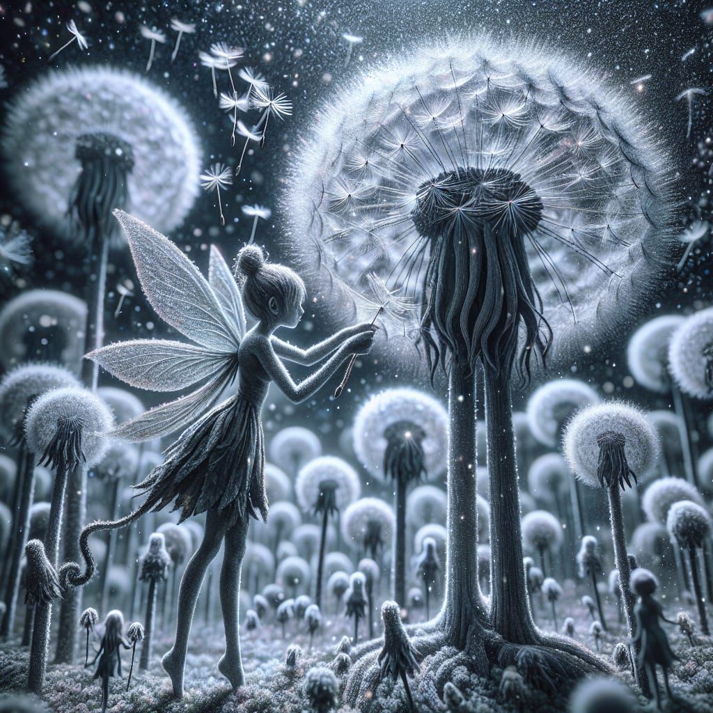 Charming Fairy Hugging Giant Dandelion Stem