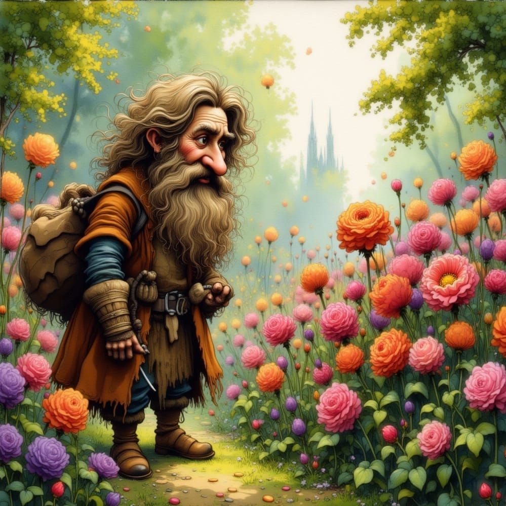 Whimsical Dwarf Inspects Fantastical Garden in Storybook Sty...