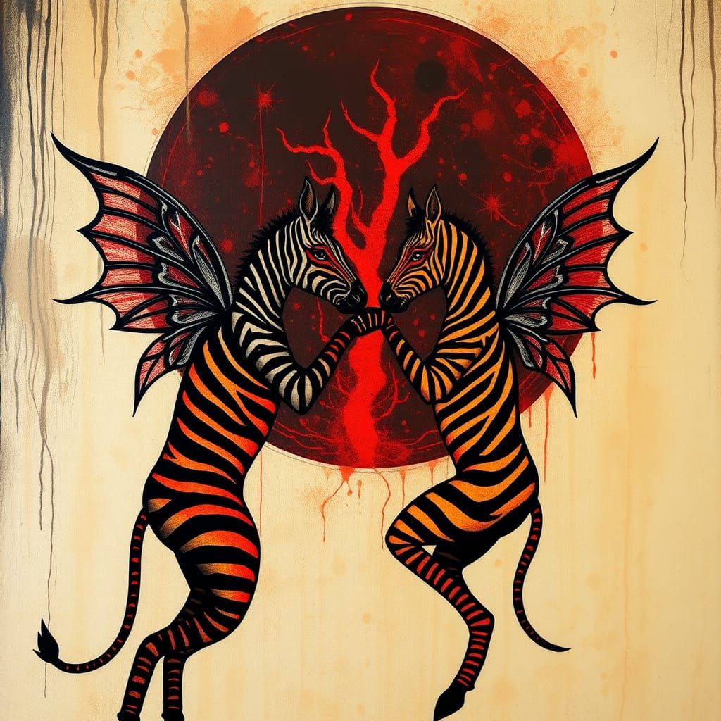 Encaustic Fairy Fight: Black and Red Zebras