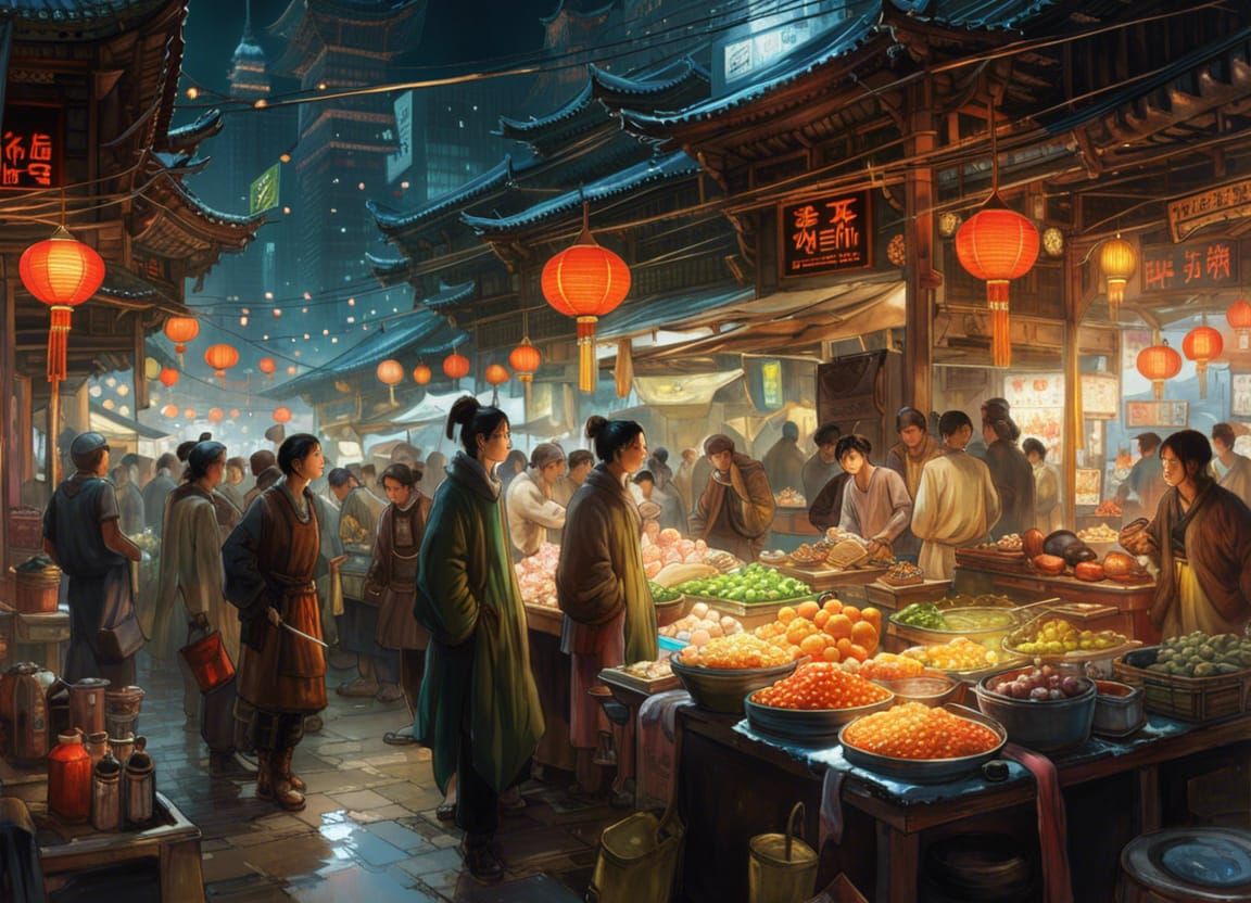 Vibrant Chinese Night Market Fantasy Masterpiece