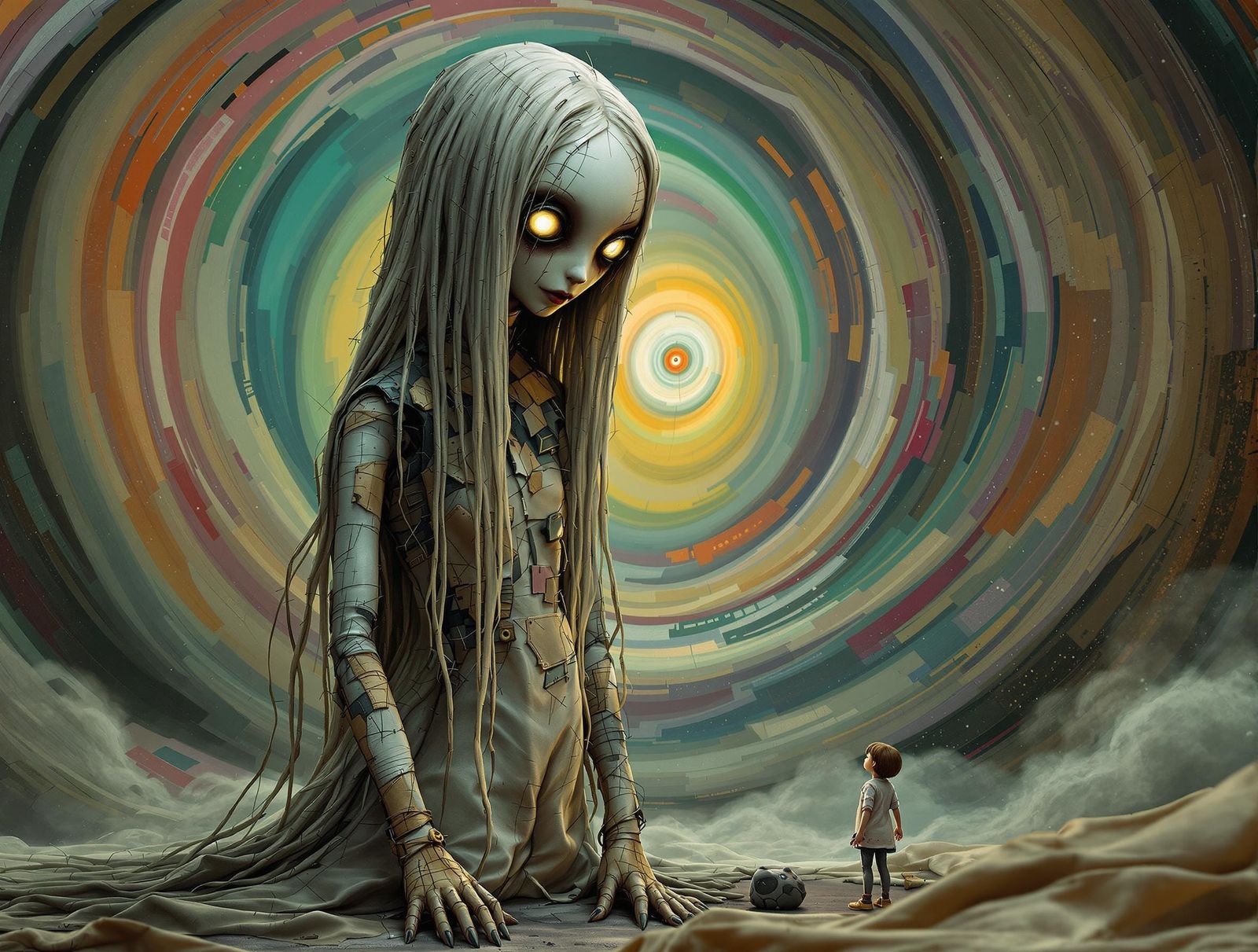 Whimsical Doll Gaze Down on Innocent Girl in Eerie Cinematic...