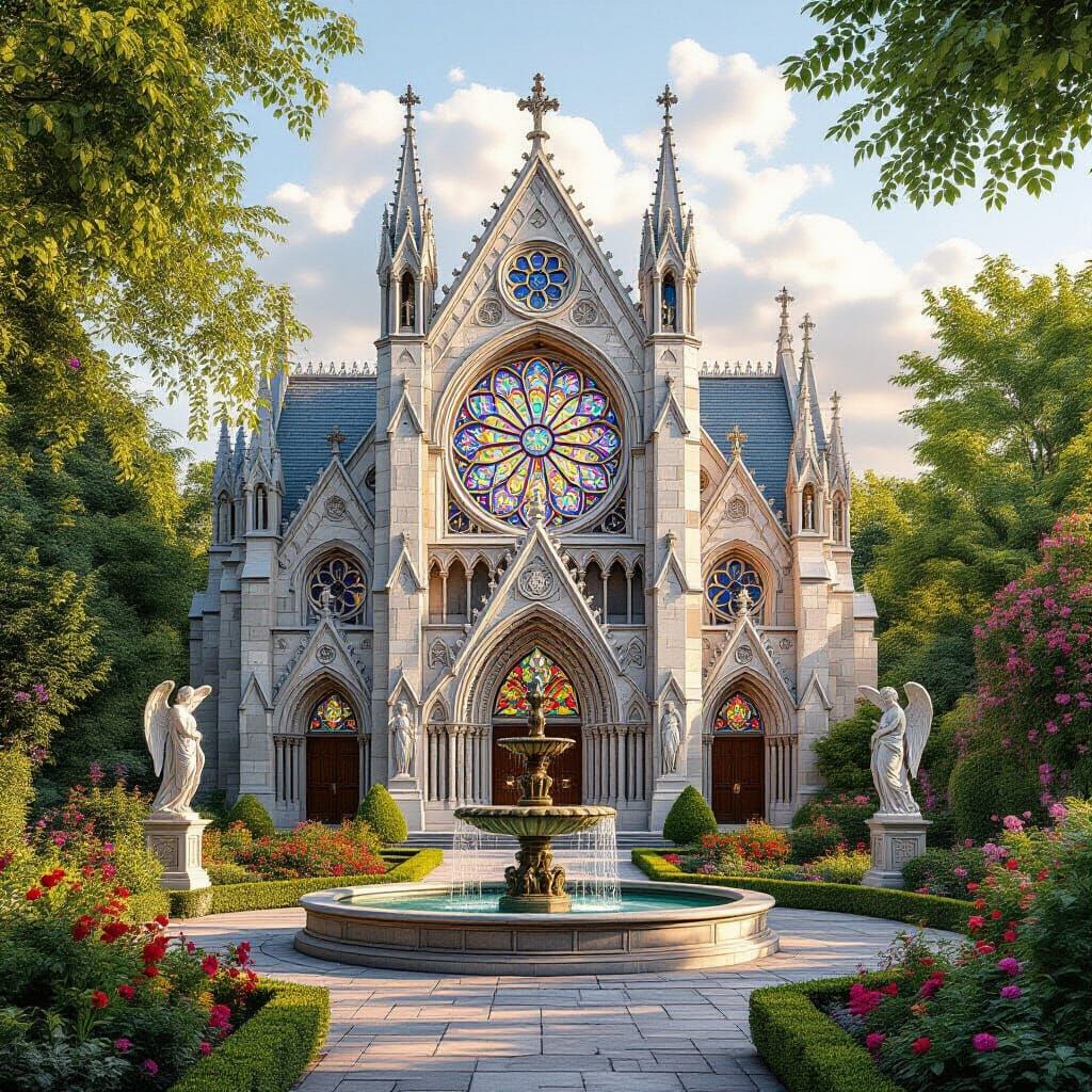 Gothic Revival Church with Stained Glass and Lush Garden