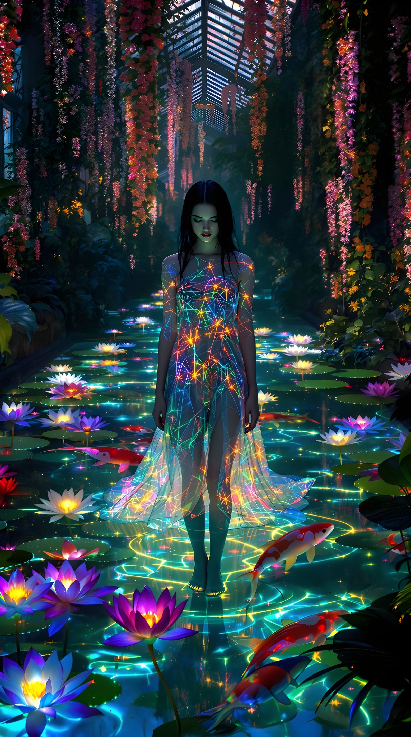 Bioluminescent Greenhouse with Woman in Waist-Deep Water