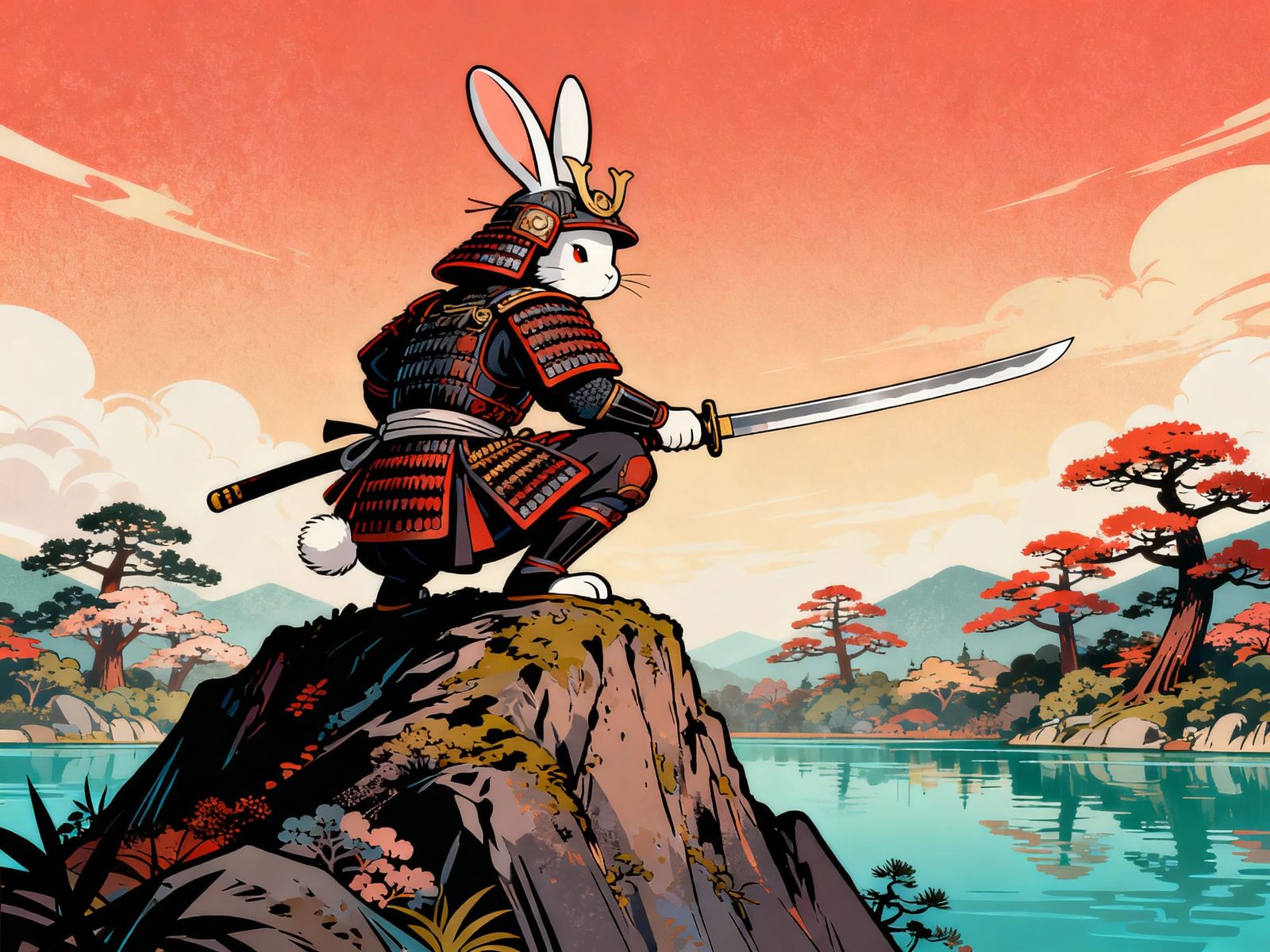 Samurai Bunny with Katana on Mountain Top in Vector Art Styl...