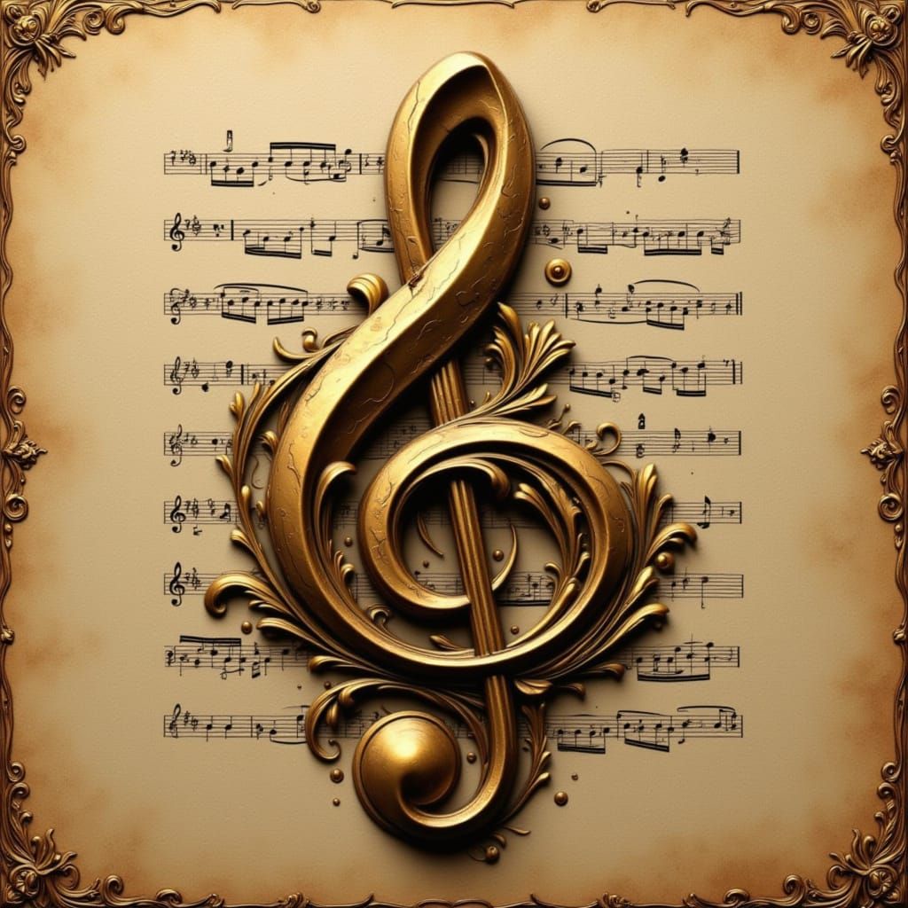 Ornate Treble Clef Rises from Textured Surface in 3D
