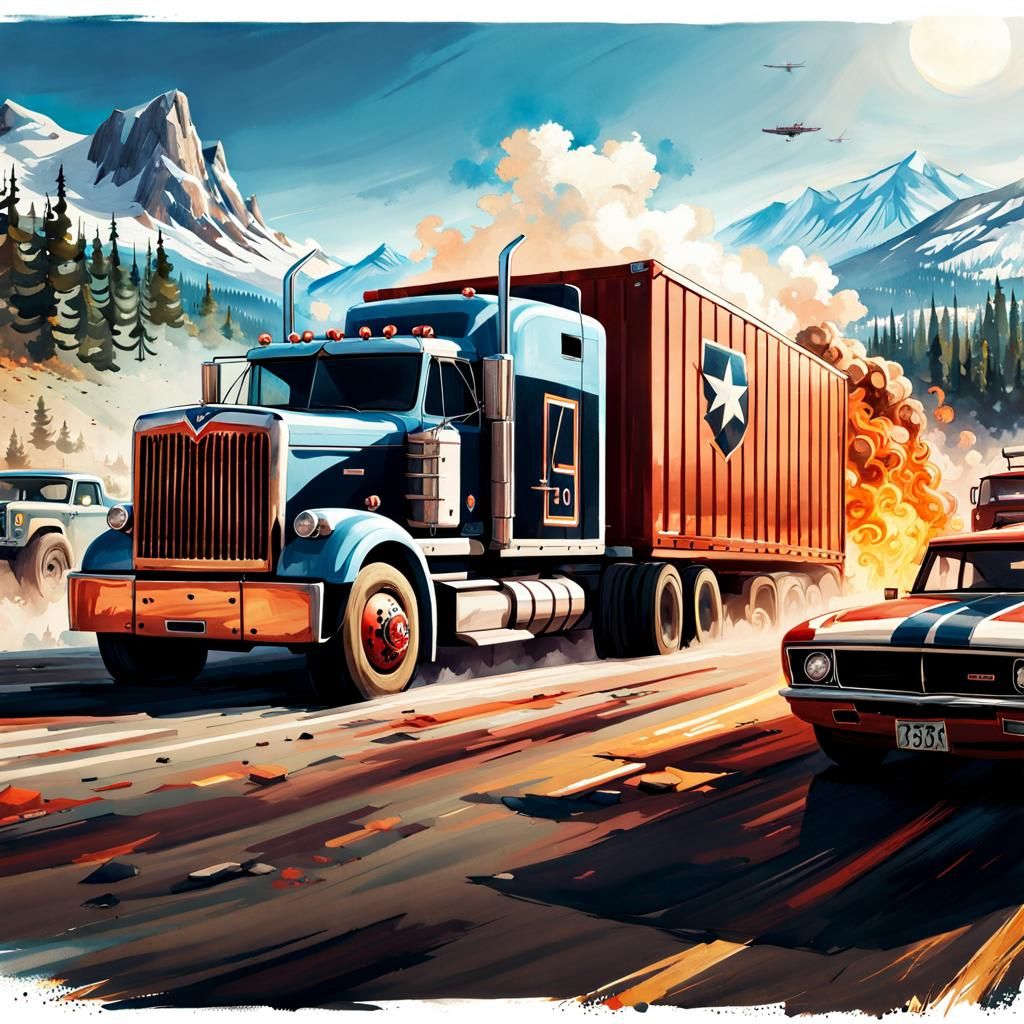 Burning Truck Chase in Hope County: Watercolor Art