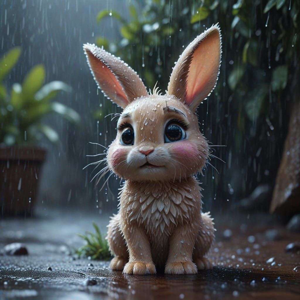 Cute Baby Bunny in Rain, Pixar Disney Style