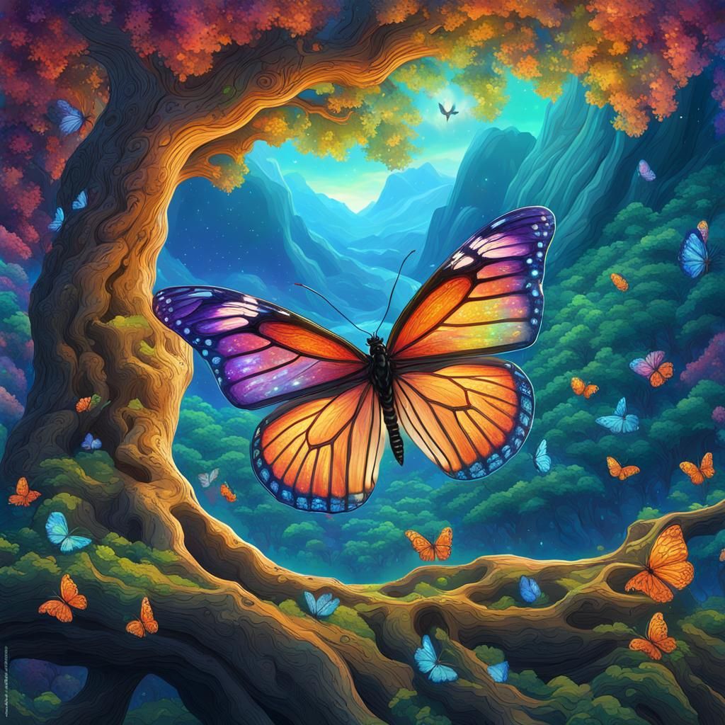 Butterfly in Magical Valley: Cosmic Illustration