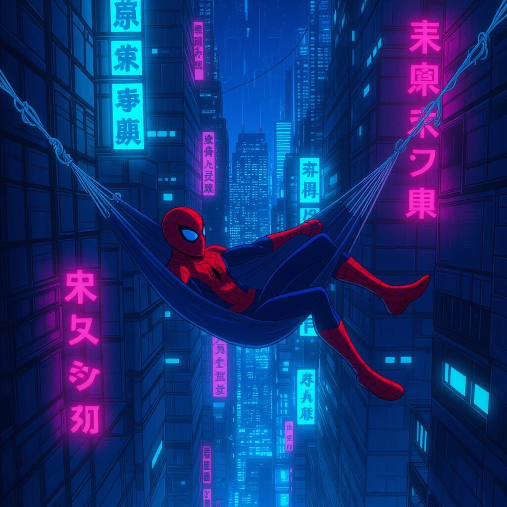 Spiderman's Cyberpunk City Hammock in Anime Style