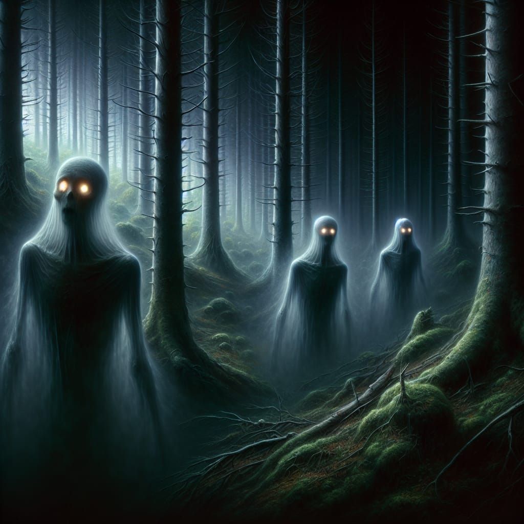 Photorealistic Three vague ghostly figures  with glowing eyes floating in a darkly colored forest, film grain foggy wood...