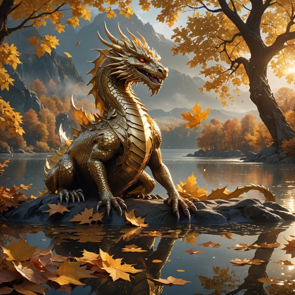 Golden Dragon in Autumn Landscape, Fantasy Concept Art