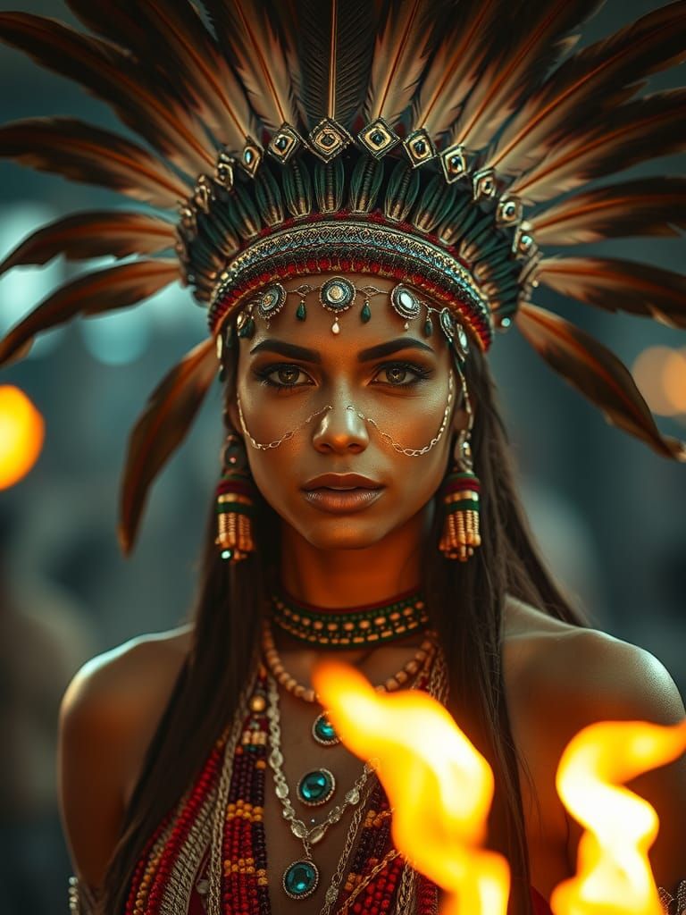 Tribal Queen in Beaded Costume, Firelight Portrait