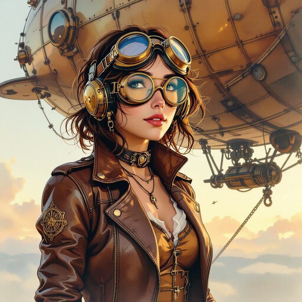 Steampunk Explorer and Airship in Watercolor Style