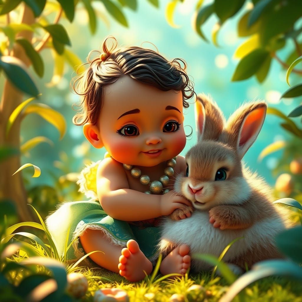 Cute Baby Moana Plays with Oversized Rabbit in Vibrant Fanta...