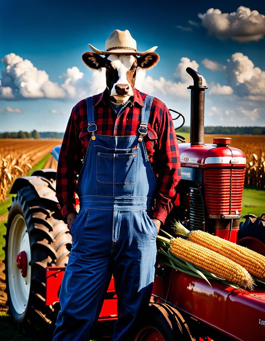 Anthropomorphic Cow Farmer Portrait in Sunlight