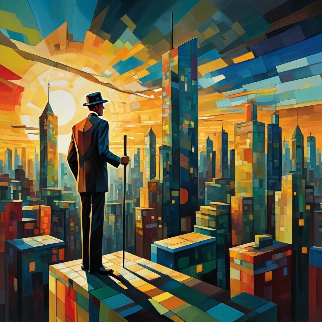 Cubist Man Gazing at Cityscape Sunset
