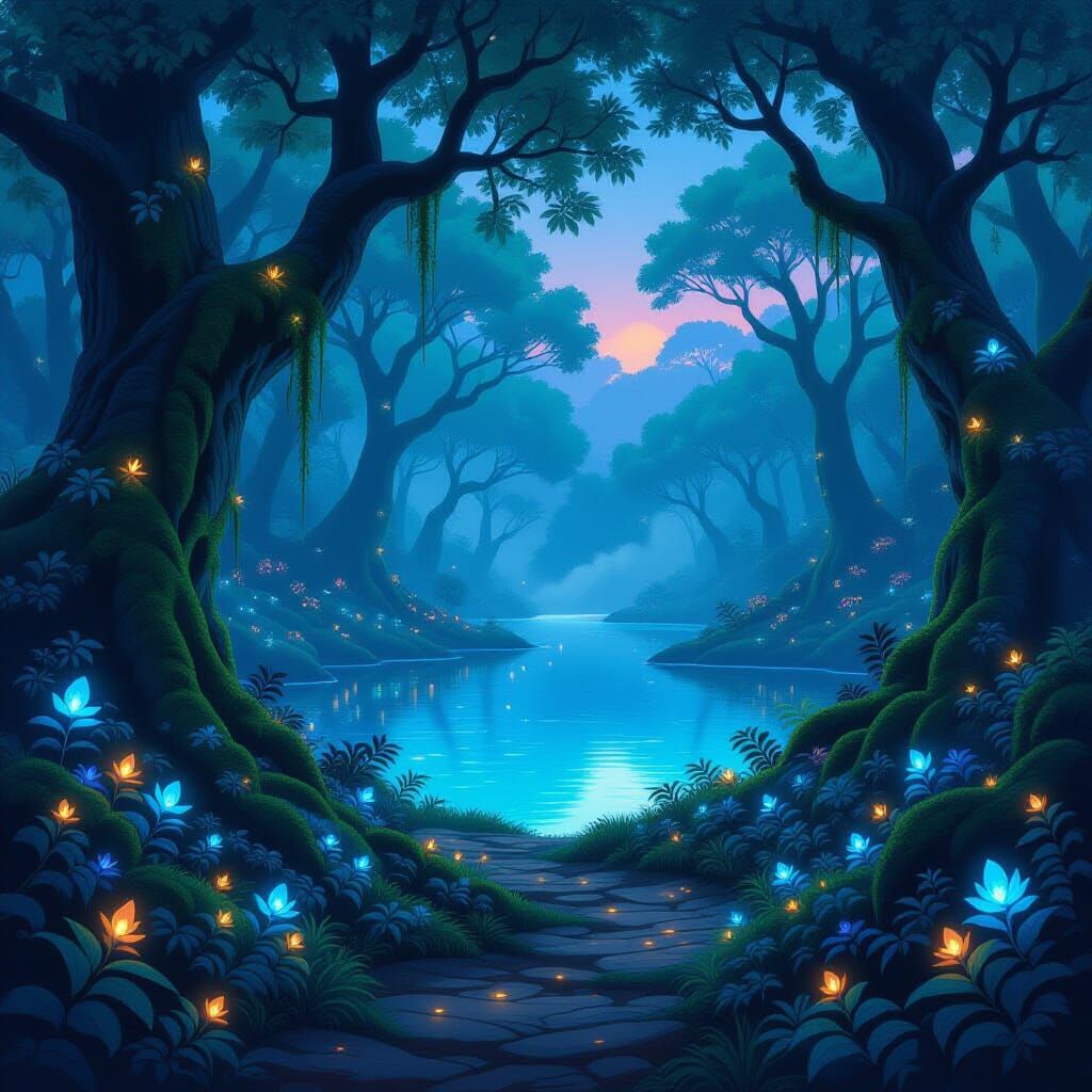 Enchanting Bioluminescent Forest Path to Crystal Lake