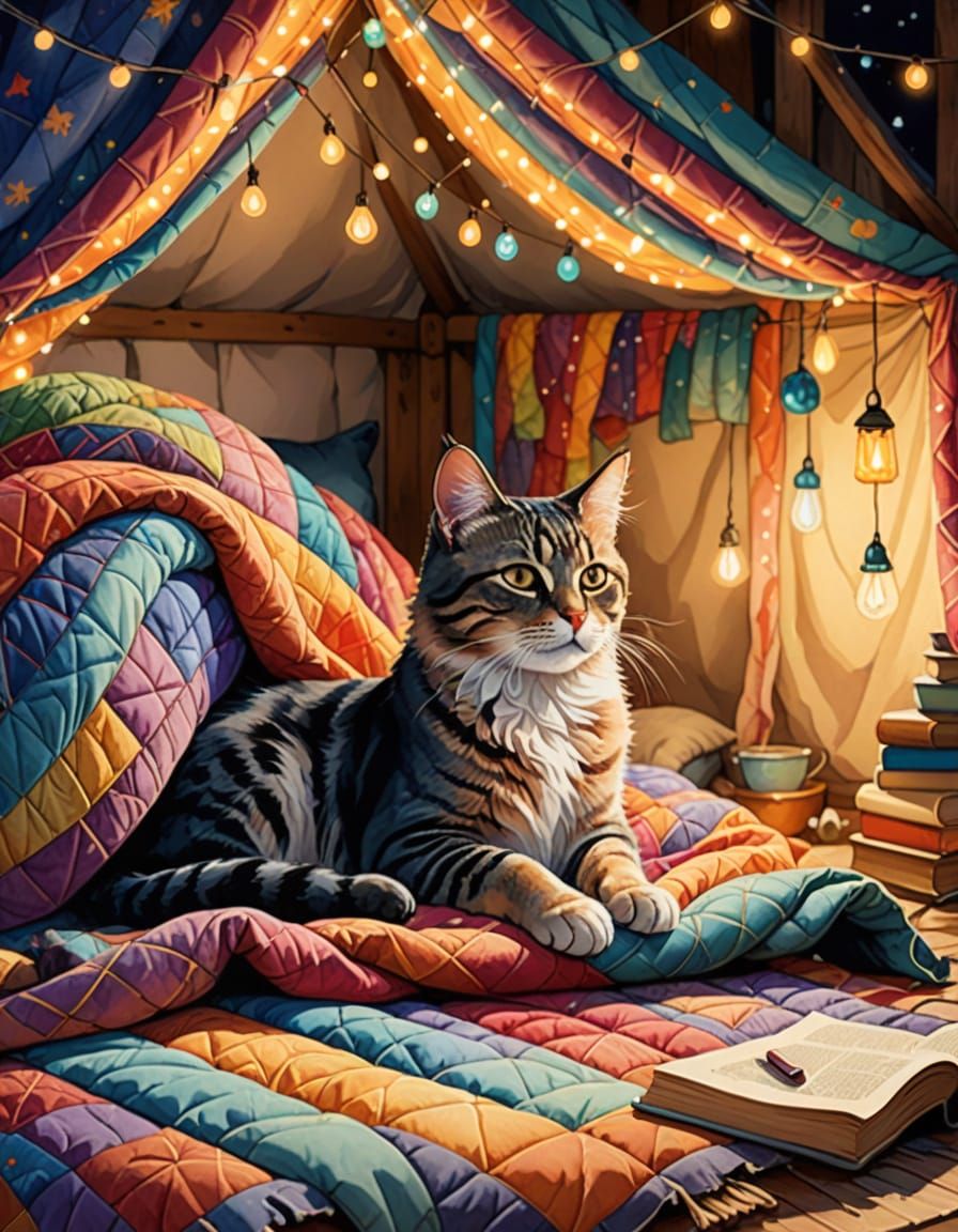 Cozy Cat Napping in Quilt Fort