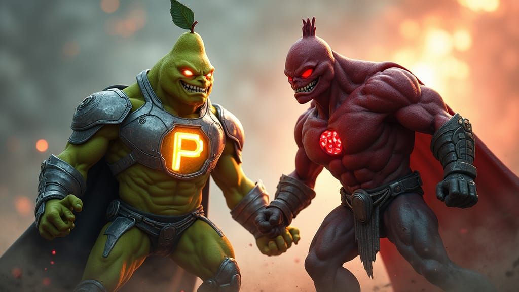 Mighty Pear Hero Battles Evil Pomegranate Villain in Cyberpu...