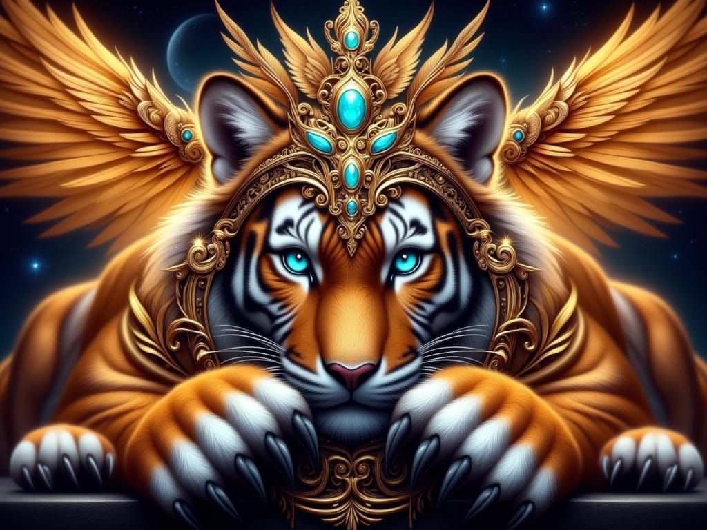Celestial Tiger with Golden Armor and Delicate Wings