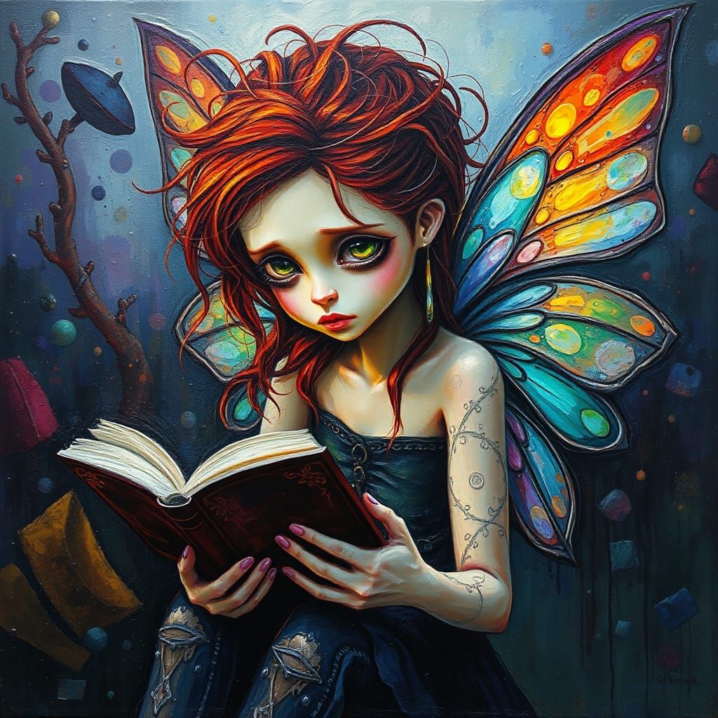 Tangled Redhead Fairy Reads Book in Vibrant Rainbow Oil Pain...